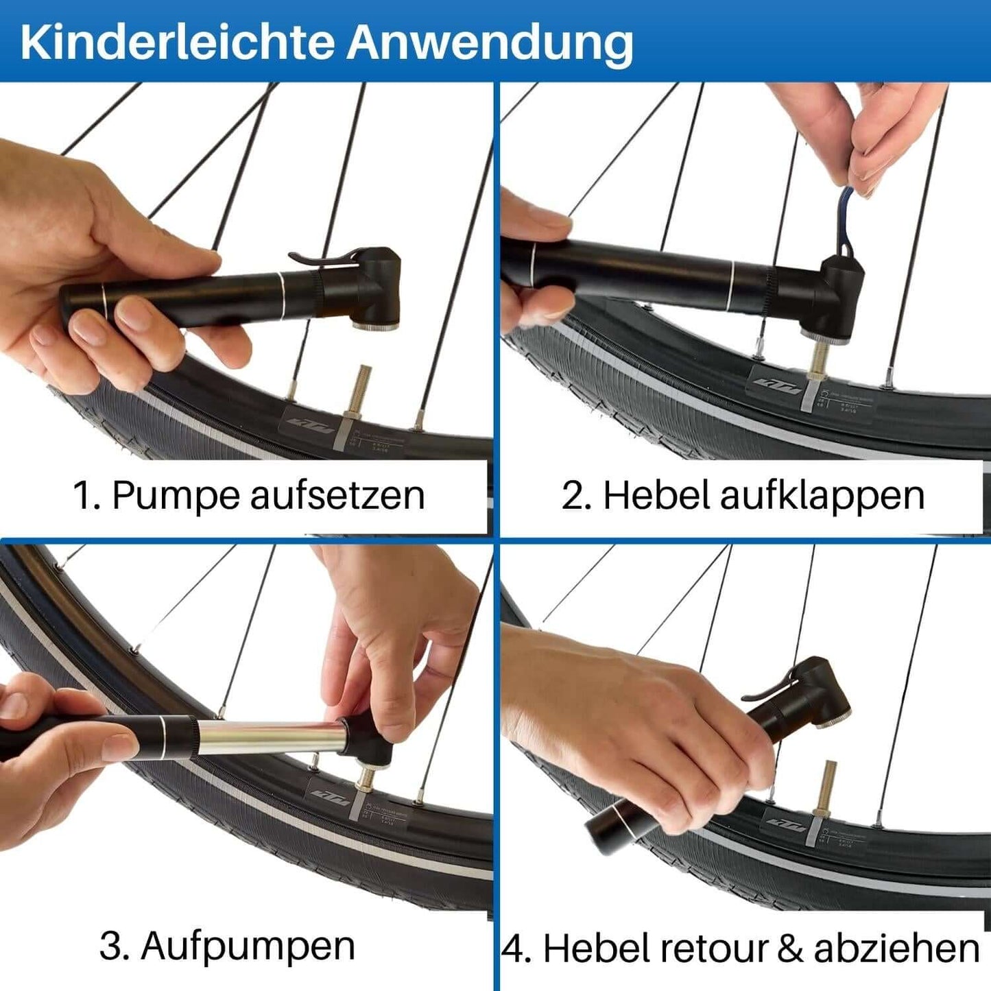 Einfaches Aufpumpen in 4 Schritten mit der Minipumpe.