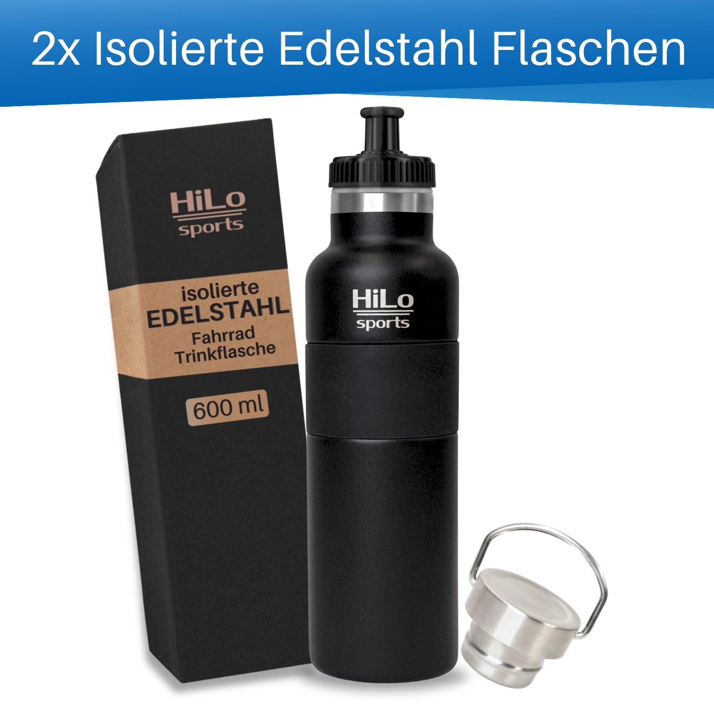 Isolierte Edelstahl Trinkflaschen beschichtet mit Halterung - Hobby Set 600 coated