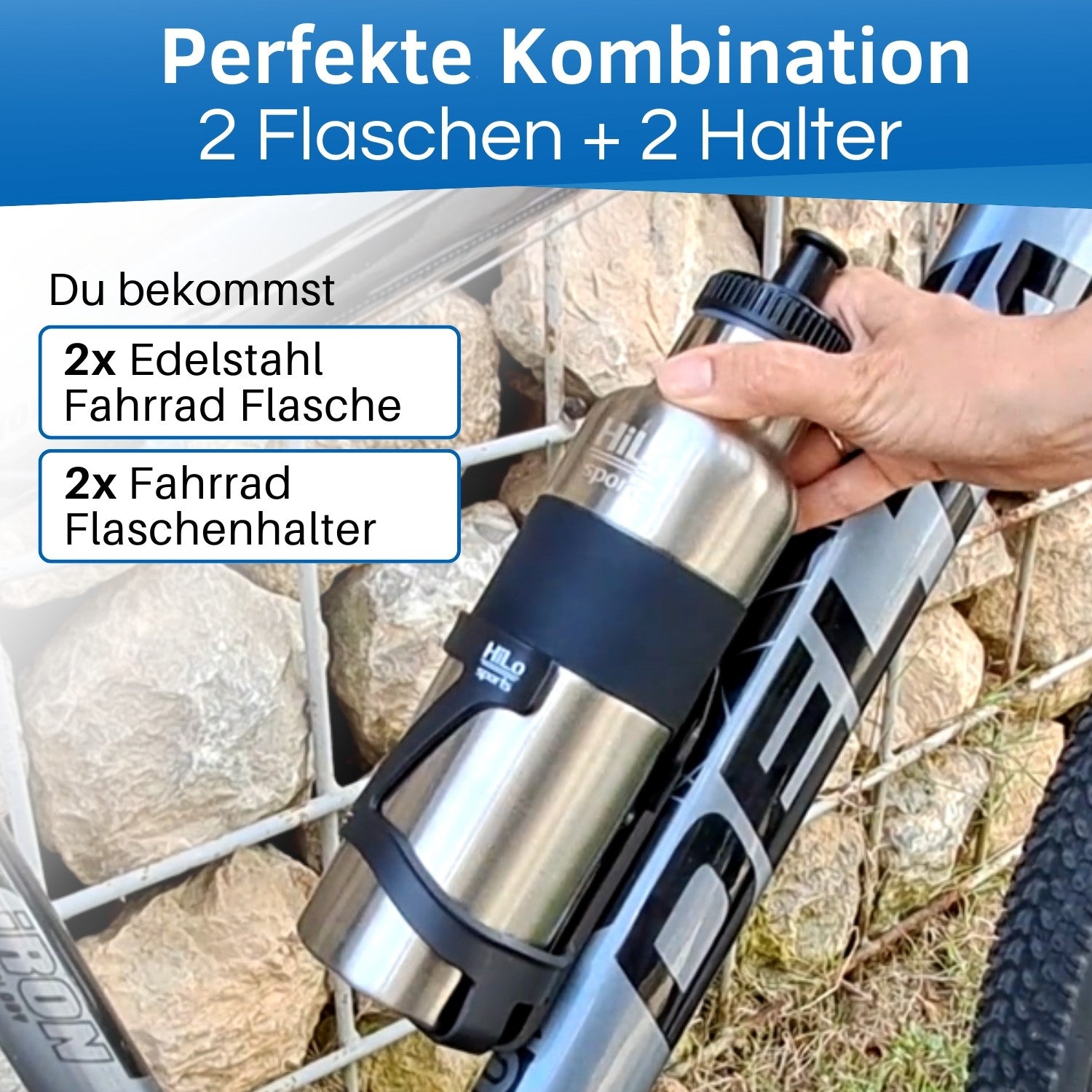 im Set sind 2x 750ml Fahrrad Trinkflasche Edelstahl und 2 Flaschenhalter enthalten