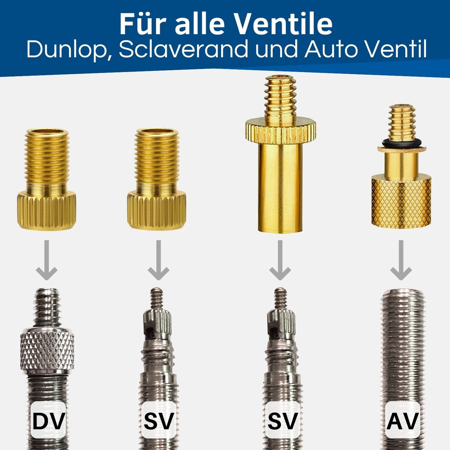 Die Ventiladapter passen auf DV, SV und AV Ventile.