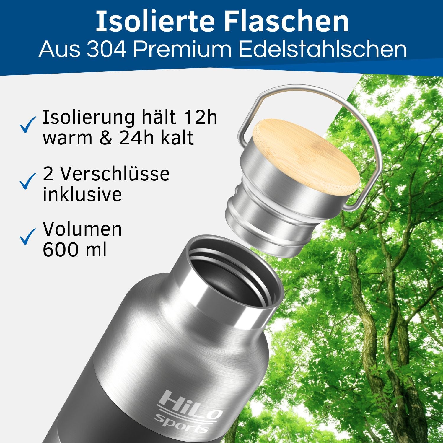 Isolierte Edelstahl Fahrrad Trinkflasche 600ml Volumen