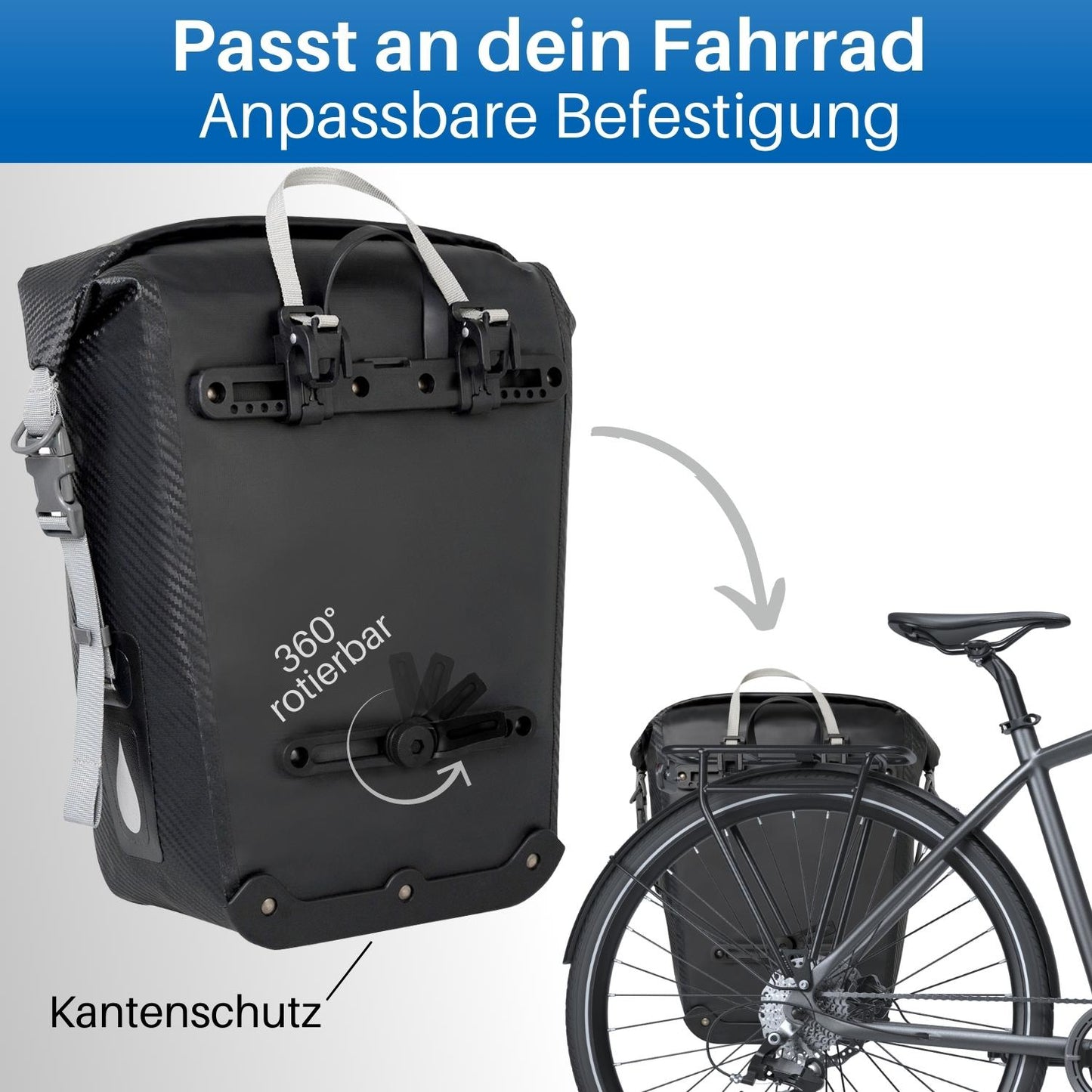 Die Fahrrad Gepäckträgertasche passt auf alle Gepäckträger.