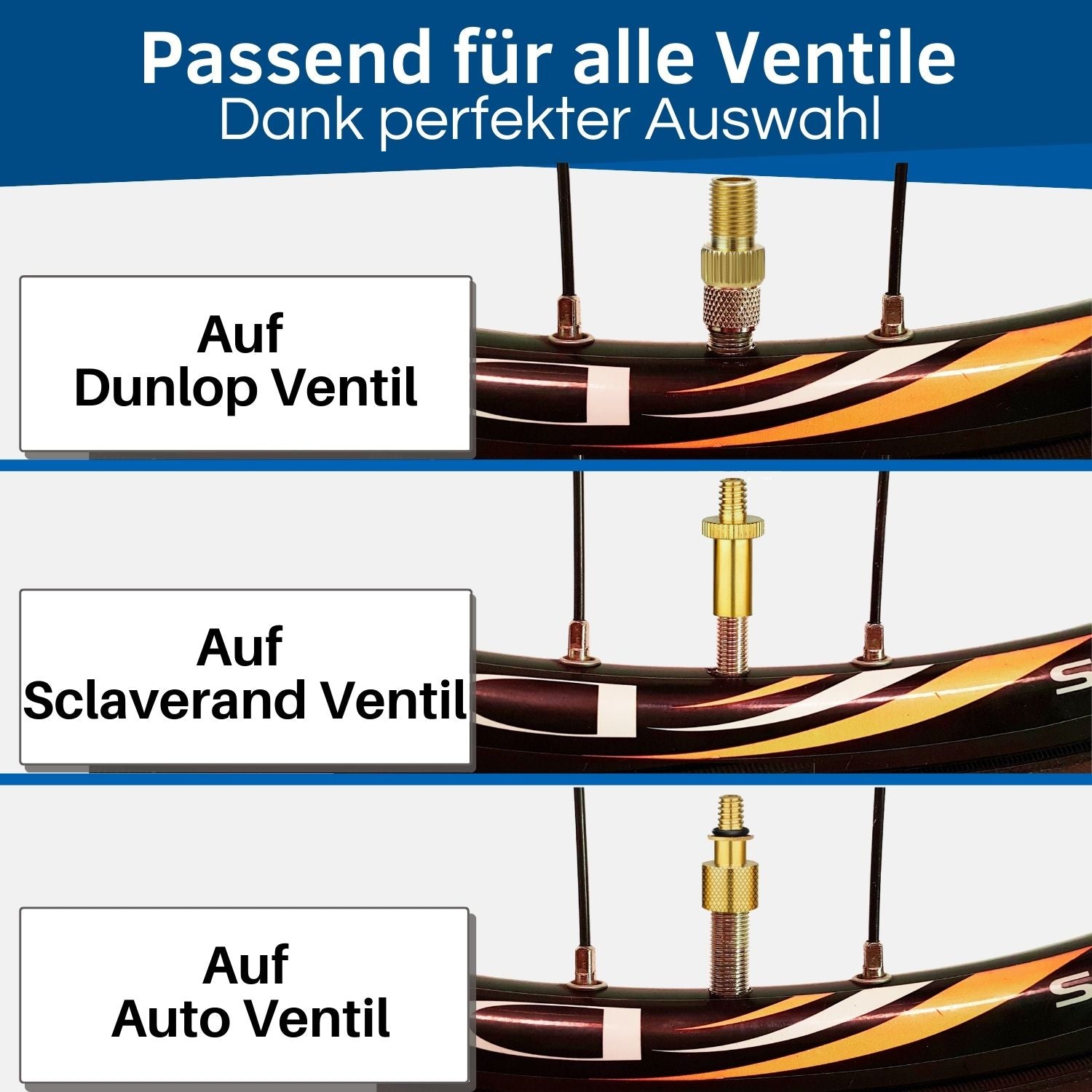 Die Ventil Adapter passen auf alle Fahrradventile.