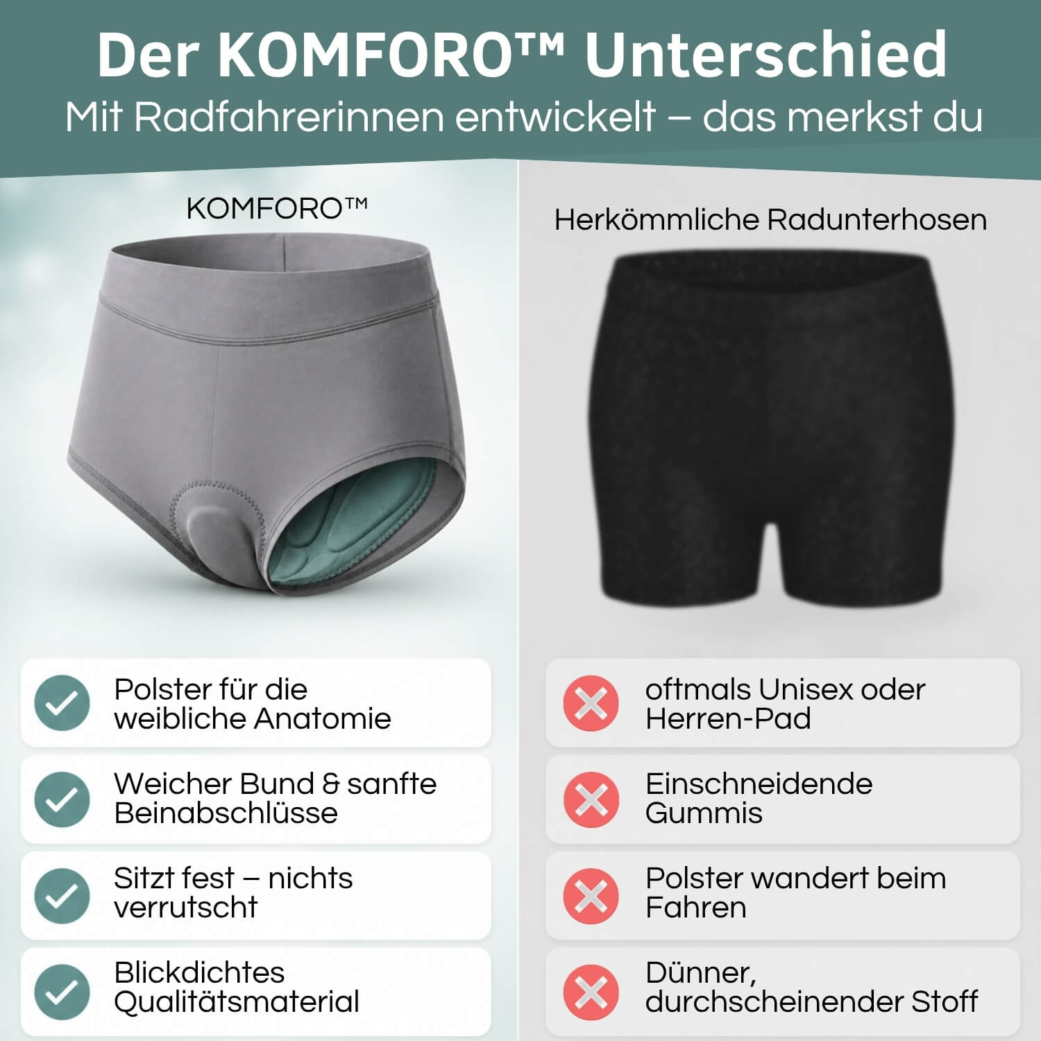 KOMFORO Radunterhose Damen im Vergleich mit herkömmlichen Radunterhosen – Passform, Sitzpolster und Größen