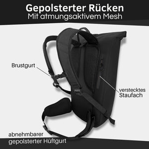 Rucksack aus LKW Planen Material mit gepolstertem Rücken.