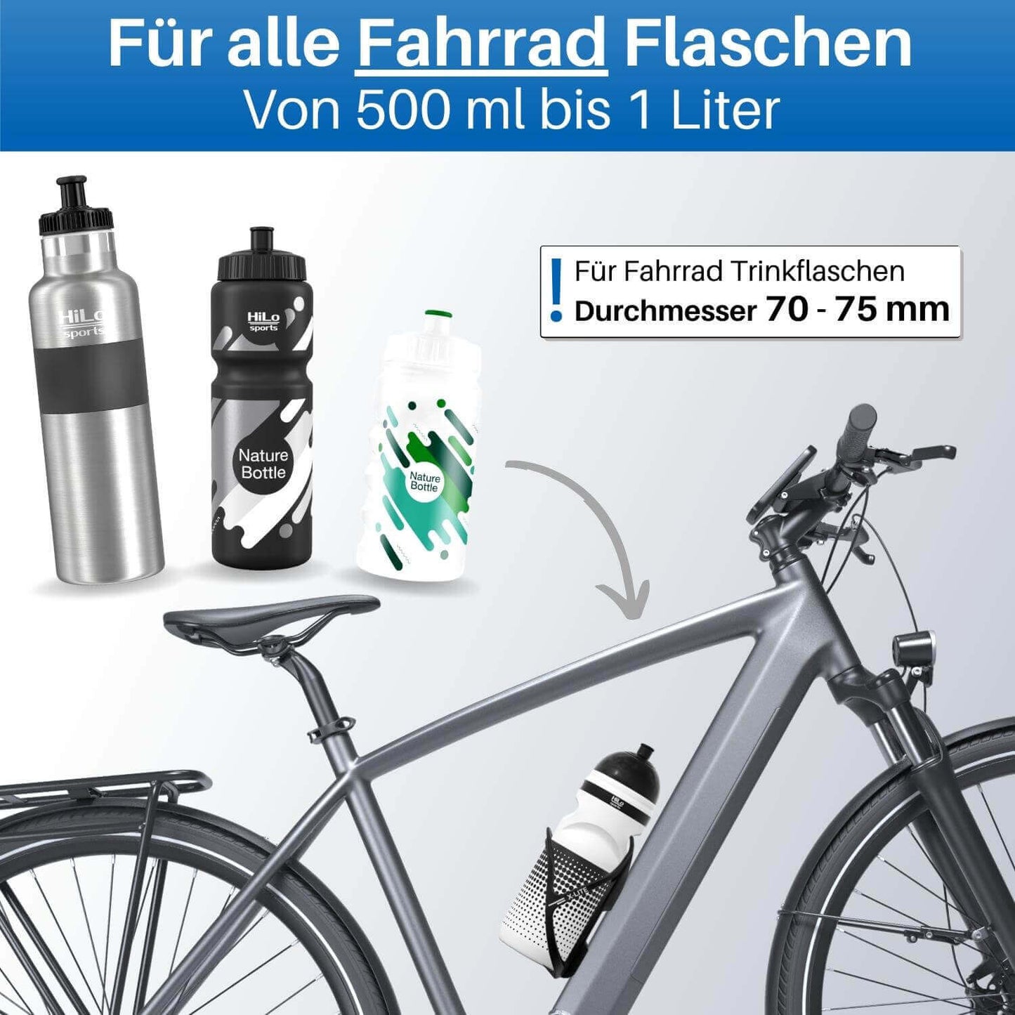 Jede Fahrrad Trinkflasche passt in den Fahrrad Flaschenhalter.