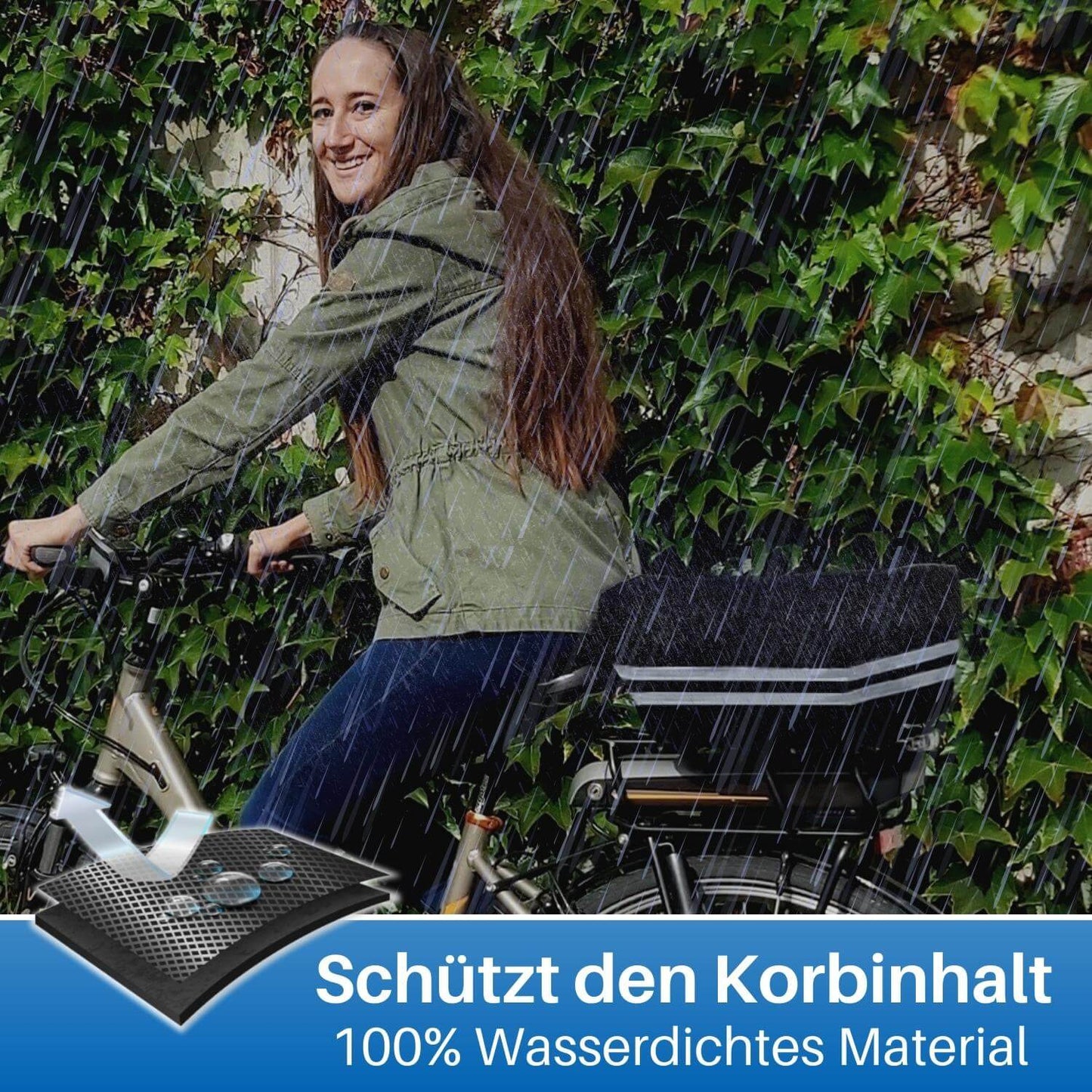 Der Fahrradkorb Regenschutz ist 100% wasserdicht durch beschichtetes Material, getapte und verschweißte Nähte.