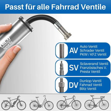 Fahrrad Minipumpe mit Schlauch, für alle Ventile