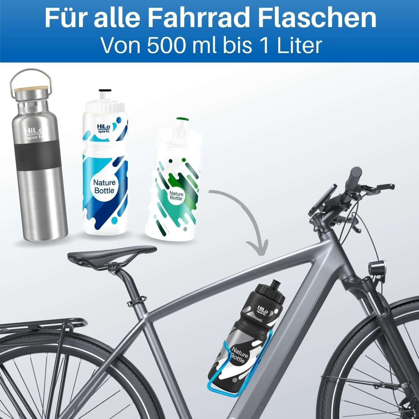 In die Rad Flaschenhalter passen alle standardisierten Fahrrad Trinkflaschen von 0,5 bis 1 Liter Volumen.