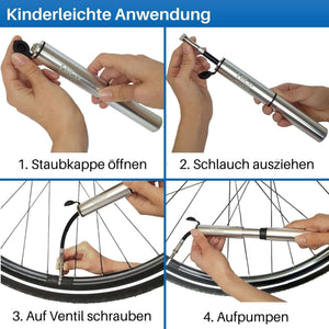 Mit der starken Minipumpe kannst du deine Fahrradreifen schnell aufpumpen.